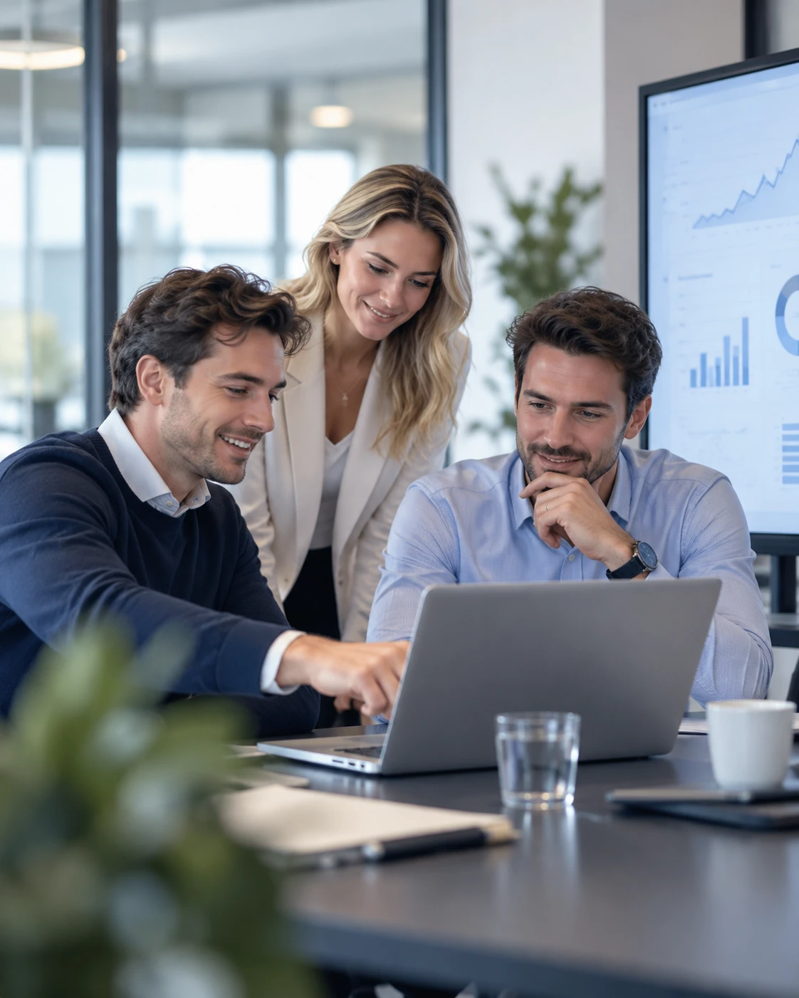 Overleg aan een laptop met een dashboard met resultaten op de achtergrond